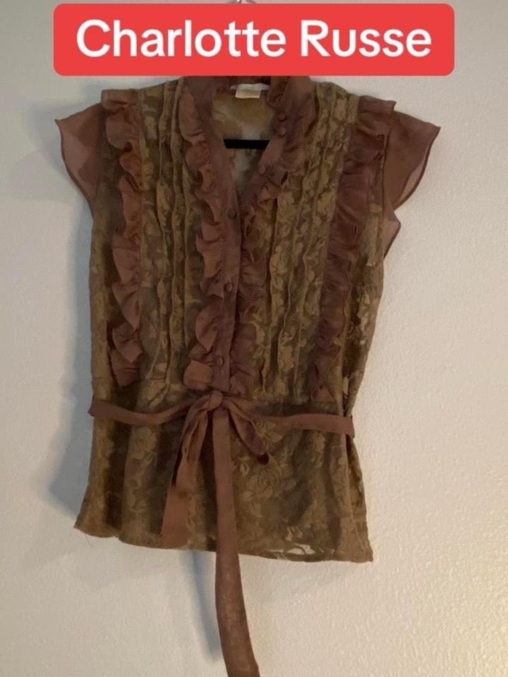 Charlotte Russe Brown Lace Ruffle Tie-Front Blouse